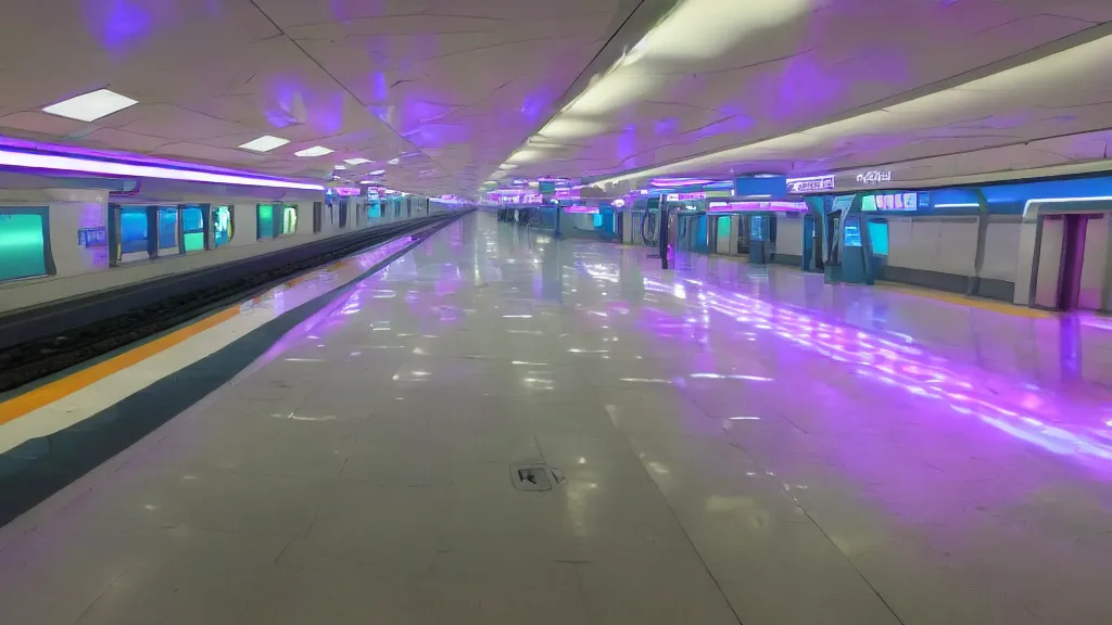 Image similar to vaporwave inferable train floor in a bright lobby, iso 2 0 0