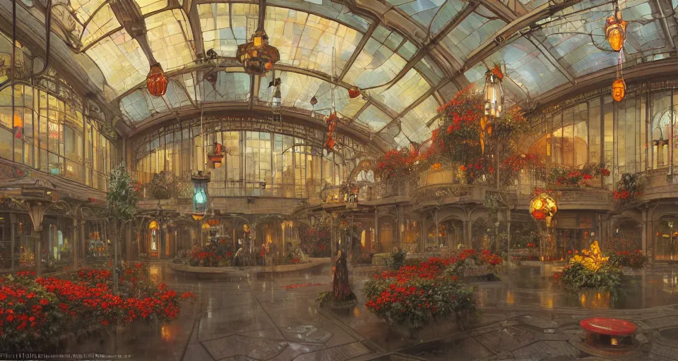 Prompt: a minimalist oil painting by donato giancola, warm coloured, cinematic scifi luxurious futuristic foggy steam filled victorian garden circular shopping mall interior with stained glass flowers growing out of pretty bulbous ceramic fountains, gigantic pillars and flowers, maschinen krieger, beeple, star trek, star wars, ilm, star citizen, mass effect, artstation, atmospheric perspective