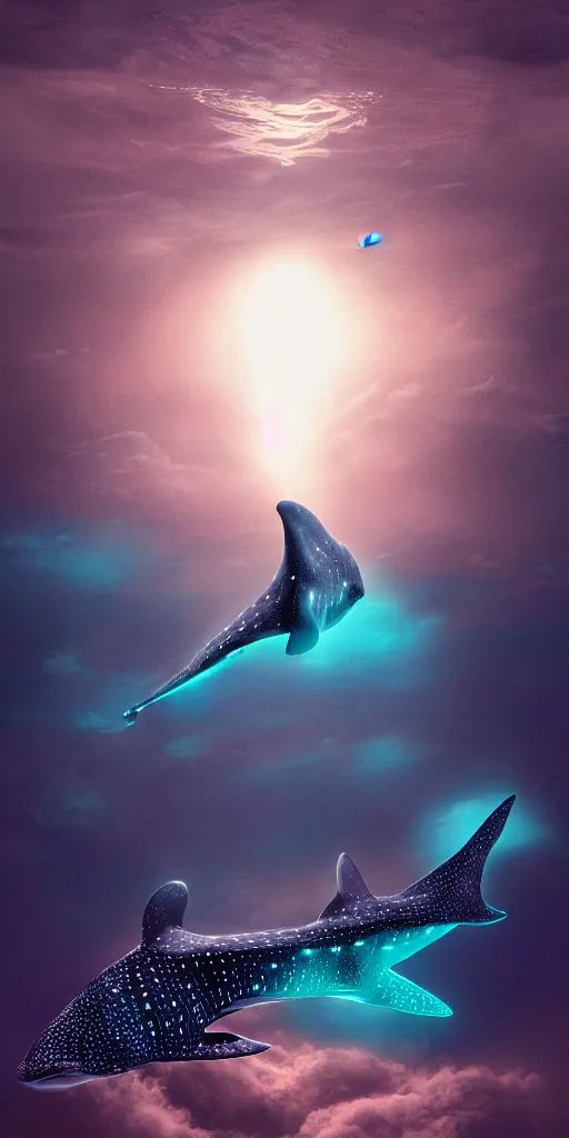 Prompt: A bioluminescent whale shark jumping out of the ocean by beeple, lovecraft, coherent, symmetrical, intricate, high detail, digital painting, octane render, 4k, trending on artstation
