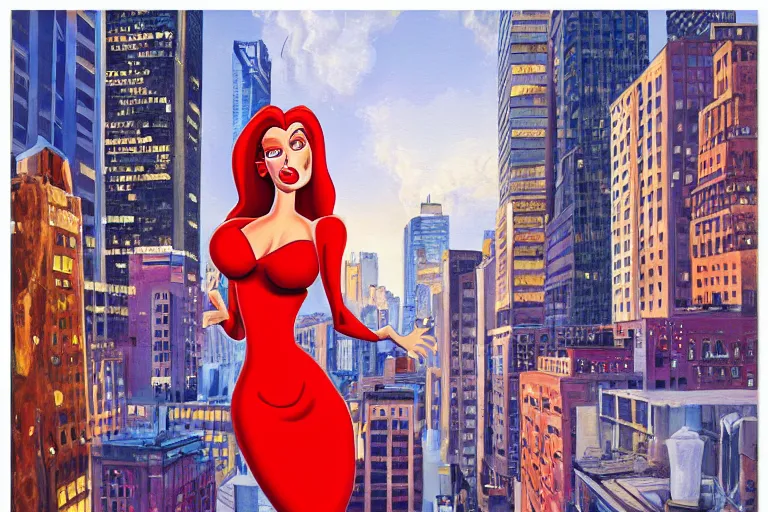 Image similar to Jessica Rabbit looking at the city. Cinematic. Intricately detailed acrylic painting