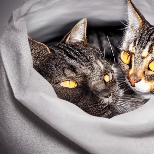 Prompt: a highly detailed photo of multiple furry cats inside a big sack, gray background, studio lighting, 4 k, 8 k