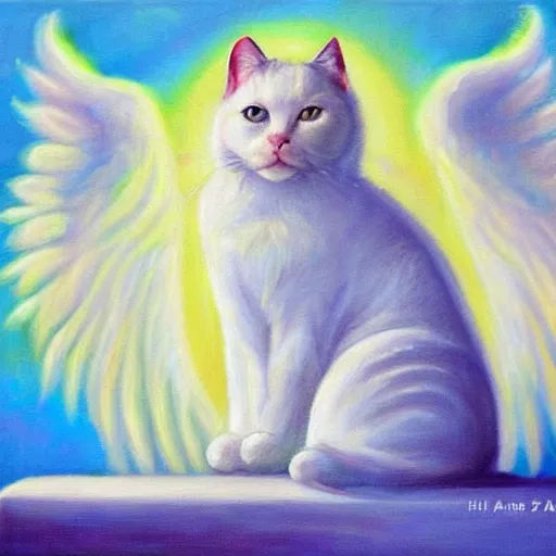 Image similar to a painting of a white cat with angel wings, a fine art painting by hanns katz, trending on deviantart, angelic photograph, majestic