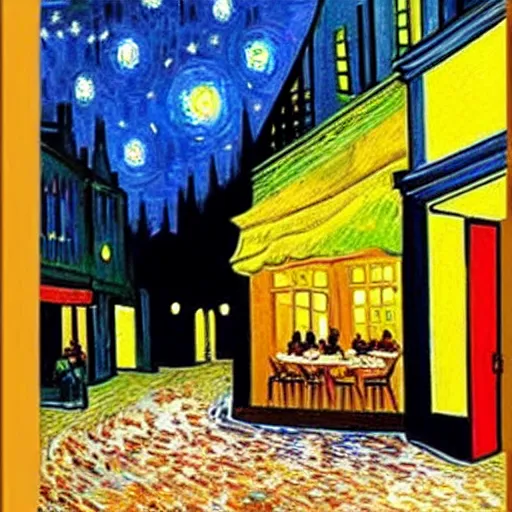 Image similar to Realistic version of Cafe Terrace at night by Vincent Van Gogh