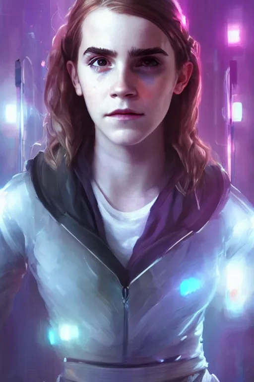 Image similar to portrait of cyborg Emma Watson as Hermione Granger in cyberpunk, neon lighting, night city, digital art from artstation by Ruan Jia and Mandy Jurgens and Artgerm and william-adolphe bouguereau and Greg Rutkowski and Wayne Barlowe