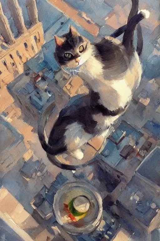 Image similar to beautiful clean oil painting a anthropomorphic cat in a cats city from the top of a roof pinterest, artstation trending, behance, watercolor, by coby whitmore, silver, laser light