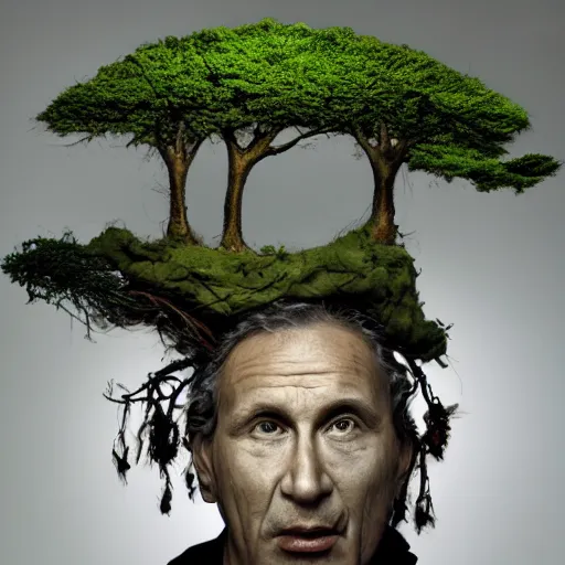 Image similar to a man in a green jacket with a tree on top of his head, a surrealist sculpture by kim keever, behance, pop surrealism, surrealist, dystopian art, whimsical