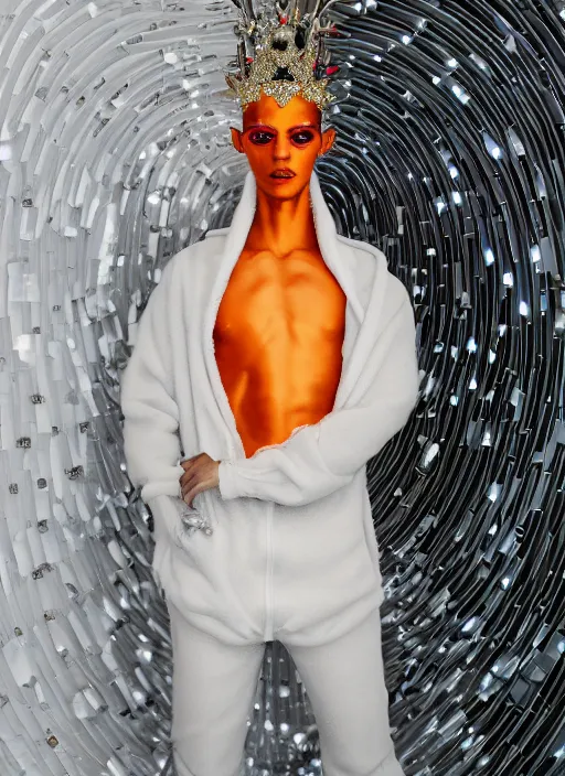 Prompt: photo of baroque and bladerunner delicate neon diamond sculpture of seductive ceramic albino prince reece king dotado creamy orange iridescent humanoid deity wearing white fluffy hoody holding diamond skull in a black metallic dungeon, reclining, glowing rainbow face, crown of white diamonds, cinematic lighting, photorealistic, octane render 8 k depth of field 3 d