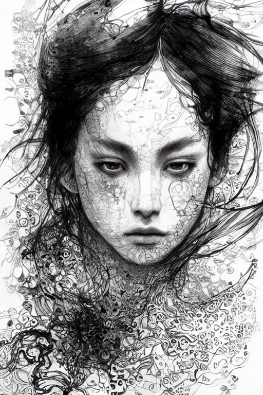 Image similar to Her skin was made of poetry that my fingers couldn't wait to read, pen and ink, intricate line drawings, by Yoshitaka Amano, Ruan Jia, Kentaro Miura, Artgerm, watercolor