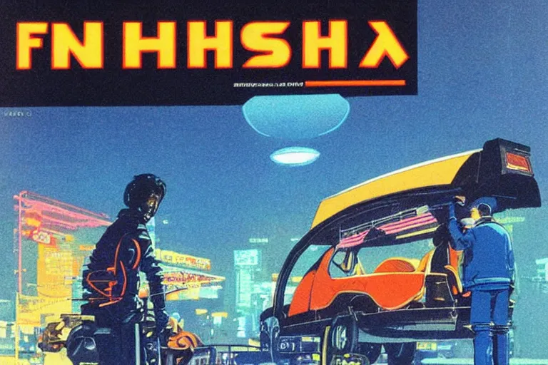 Prompt: 1 9 7 9 omni magazine cover of a fish delivery cart in neo - tokyo. art in cyberpunk style by vincent di fate