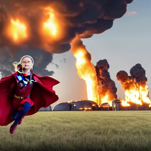 Prompt: epic photo of greta thunberg flying as superman destroying oil refinery explosions and black smoke. cinematic realistic photographic epic lighting