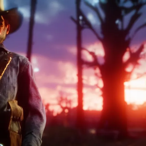 Image similar to zombie, bokeh dof, professional, dreamy, cute, 4 k, sunset, award winning, disgusting, funny, red dead redemption 2