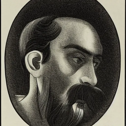 Image similar to young man, long hair, short facial hair, no mustache, dark green eyes, dark eyebrows, light widows peak light facial hair, in the style of mauritz cornelis escher, in - frame