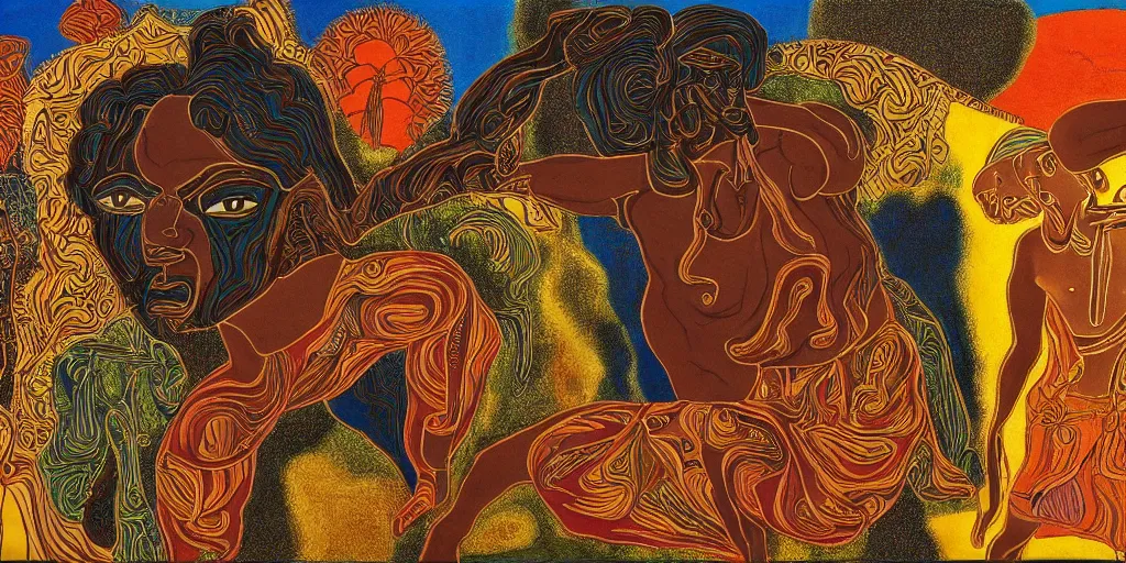 Prompt: an abstract tropical landscape, portrait of a dark - skinned greek god dancing. 2 4 mm, photorealistic, muted color scheme, directed by mati klarwein and picasso