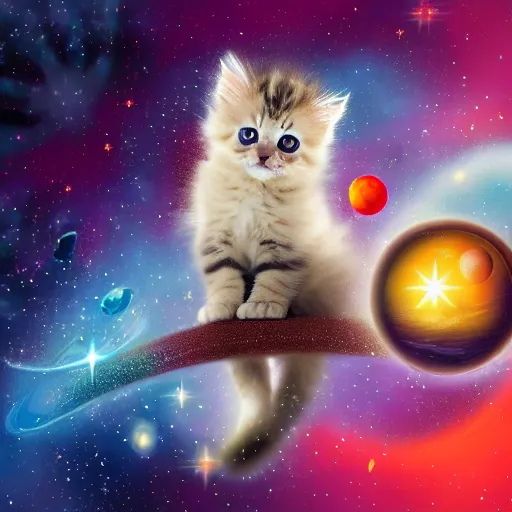 Prompt: cute fluffy kitten in space with stars and planet background detailed painting 4k