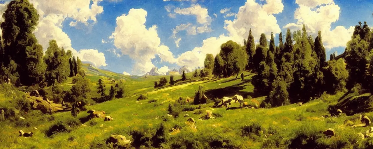 Prompt: disney illustrated background of a hilly valley with a blue sky and fluffy white clouds, grassy field by eugene von guerard, ivan shishkin, john singer sargent