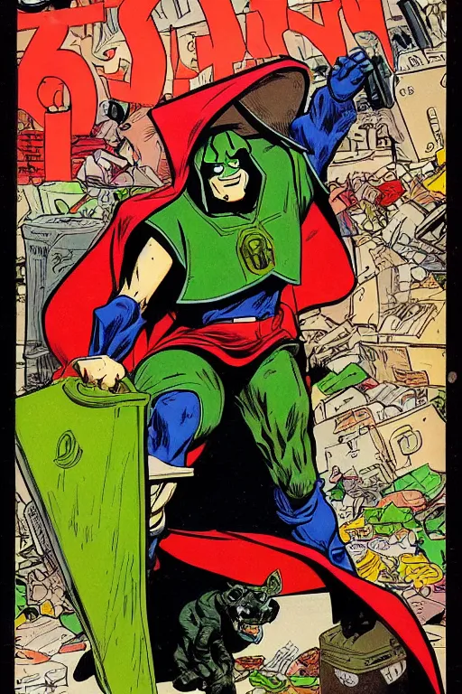 Image similar to dr. doom taking out the garbage, 6 0 ’ s style cartoon cover by jean henri gaston giraud, comic book artist moebius, comic book arzach style