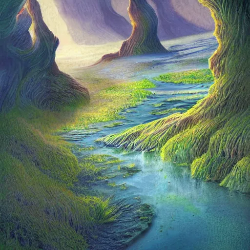 Image similar to artistic digital artwork of a lush natural scene on an alien planet. beautiful landscape by vincent bons, michael whelan and remedios varo. weird vegetation. cliffs and water. grainy and rough. interesting pastel colour palette. beautiful light. oil and water colour based on high quality render.