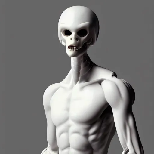 Image similar to white mannequin xenomorph albino alien perfect smooth human anatomy, no face, bone white smooth head, full male body smooth strong standing, octane render ultra realistic full body