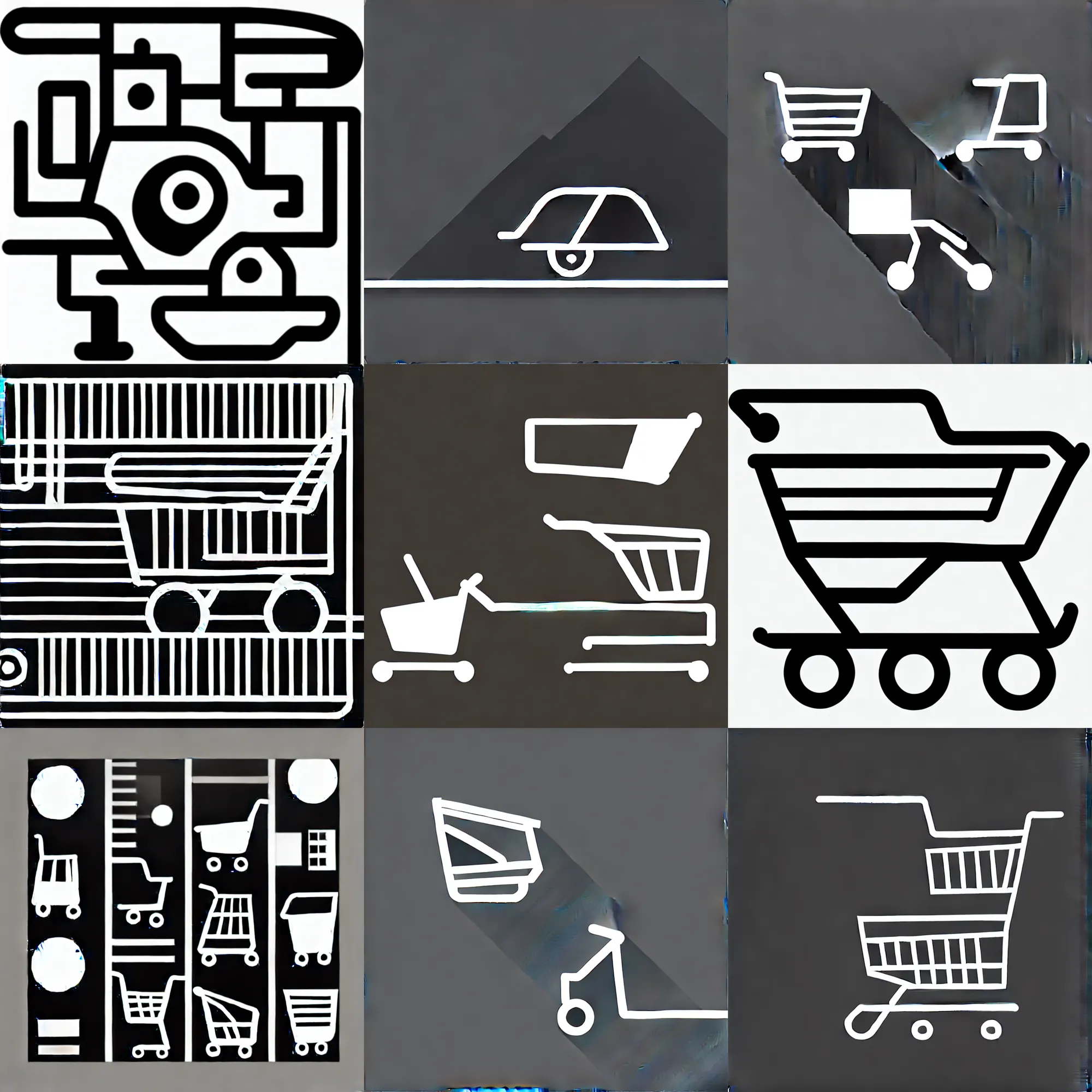 Prompt: shopping cart icon, graphic design, web design icons, minimal, black and white