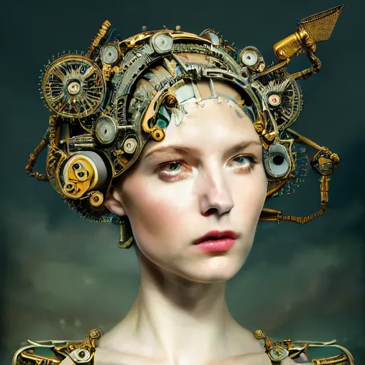 Image similar to portrait of the beautiful young robotic goddess of poppy, surreal, fantasy, intricate, mechanical, elegant, dramatic lighting, emotionally evoking symbolic metaphor, highly detailed, gears, lifelike, photorealistic, digital painting, painterly, artstation, concept art, smooth, head in focus, sharp focus, illustration, art by John Collier and Krenz Cushart and Artem Demura and Alphonse Mucha and Albert Aublet,