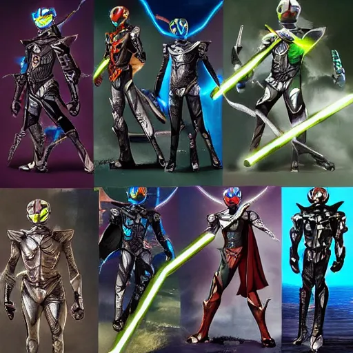 Image similar to High Fantasy Kamen Rider, glowing eyes, moody colors, rock quarry daytime, grey rubber undersuit, segmented armor, Guyver Dark Hero