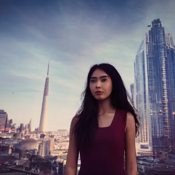 Prompt: portrait of 2 5 - year - old woman godess with angle 9 0 ° centred looking away fresh air, strong spirit, 8 k, cinematic scene, background city blured futuristic