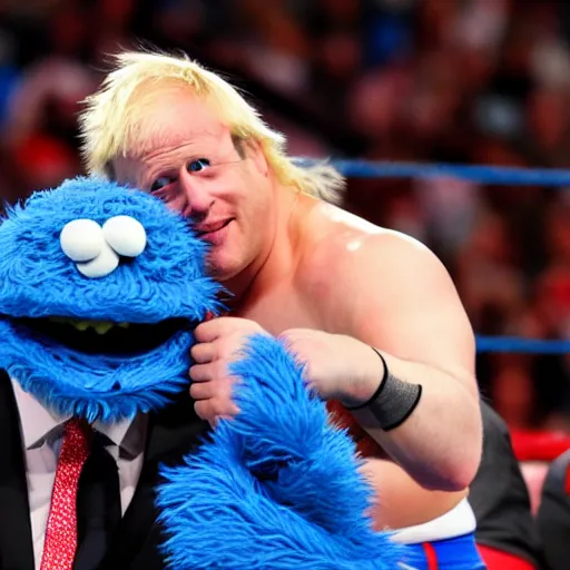 Image similar to Boris Johnson wrestling cookie monster in a wwe match