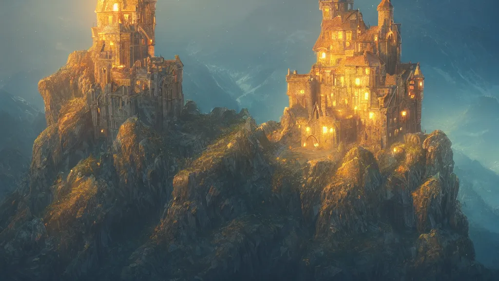 Image similar to ancient mystical castle on top of a mountain, golden glow illuminating the building, by sylvain sarrailh, rossdraws, ambient light, ultra detailed, fantasy artwork, 8 k, volumetric lighting, trending on artstation, award winning, very beautiful.