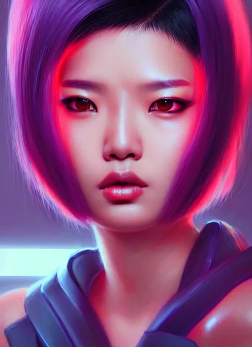 Image similar to portrait of asian female humanoid, crew cut colored hair, very details, elegant, cyber neon lights, highly detailed, digital illustration, trending in artstation, trending in pinterest, glamor pose, concept art, smooth, sharp focus, art by artgerm and greg rutkowski