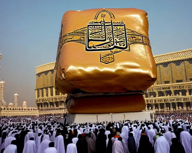 Image similar to The Kaaba inspired by a burger (Arabic: ٱلْكَعْبَة, romanized: al-Kaʿbah, lit. 'The Cube', Arabic pronunciation: [kaʕ.bah]), also spelled Ka'bah or Kabah, sometimes referred to as al-Kaʿbah al-Musharrafah (Arabic: ٱلْكَعْبَة ٱلْمُشَرَّفَة, romanized: al-Kaʿbah al-Musharrafah, lit. 'Honored Ka'bah'), is a building at the center of Islam's most important mosque, the Masjid al-Haram in Mecca, Saudi Arabia.[1][2] It is the most sacred site in Islam.[3] It is considered by Muslims to be the Bayt Allah (Arabic: بَيْت ٱللَّٰه, lit. 'House of God') and is the qibla (Arabic: قِبْلَة, direction of prayer) for Muslims around the world when performing salah.