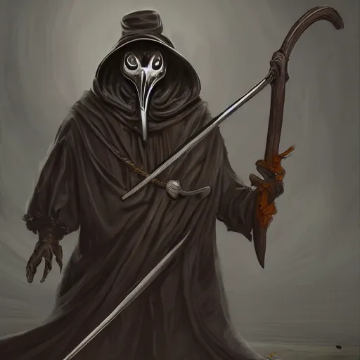 Image similar to plague doctor holding a huge scythe, plague doctor mask, monster design, fantasy. illustration, hyperdetailed, artstation, cgsociety, 8 k