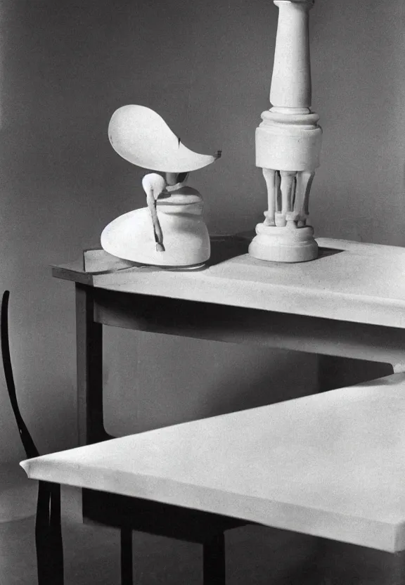 Image similar to a white object with writing on it sitting on a table, a surrealist sculpture by marcel duchamp, archival pigment print, 1 9 1 4, conceptual art, artwork, academic art, surrealist