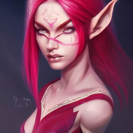 Image similar to half elf woman, beautiful, short pink hair, deep crimson eyes, digital art, smooth, character drawing, artstation, highly detailed, symmetry