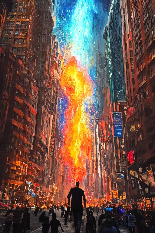 Prompt: Beautiful enormous monter Gigachad made of fire and blue thunders walking down the New York city, downtown , skyscrapers. People walking and staring at Gigachad. Thunders, meteors, wide angle, magic, fire, face painting, dramatic lighting, intricate, wild, highly detailed, digital painting, artstation, concept art, smooth, sharp focus, illustration, art by artgerm and greg rutkowski and alphonse mucha, footage from space camera