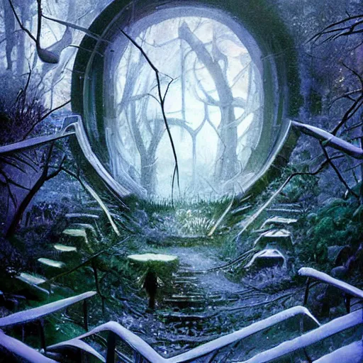 Image similar to stairs leading to a frozen derelict portal in a middle of a snowy lush futuristic forest, green lush world seen only through a portal, daylight, cinematic lighting, blue sky, syd mead, john harris