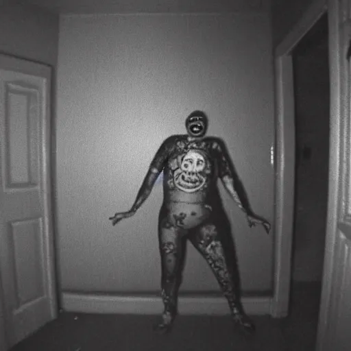 Image similar to terrifying clown in the corner of a dark room, creepypasta, security cam footage