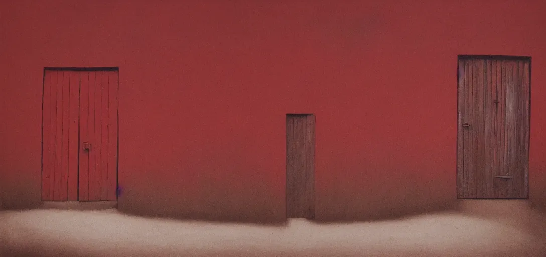 Image similar to red door standing in wasteland in style of zdzisław beksinski