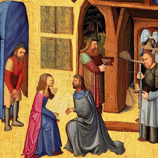 Image similar to dan harmon, medieval painting