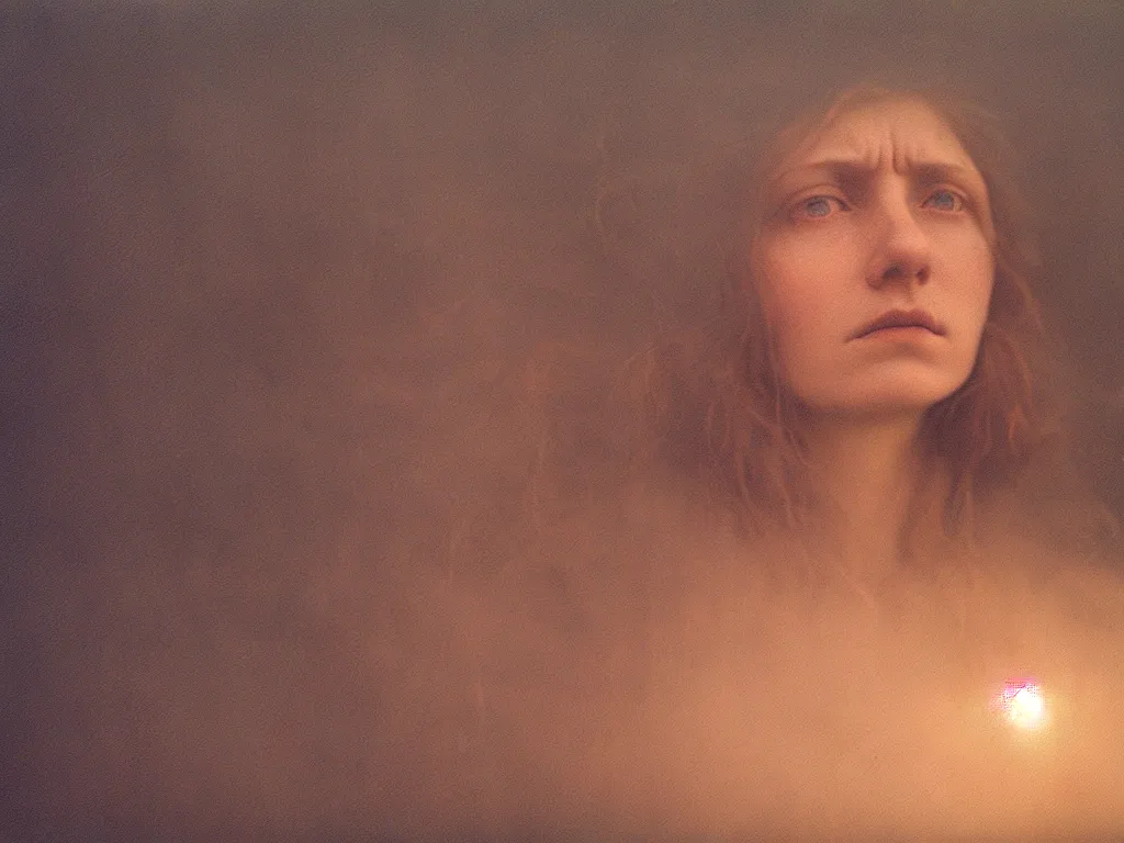 Image similar to close up portrait bust of woman, solemn expression, faded color film, russian cinema, tarkovsky, kodachrome, heavy forest, wood cabin in distance, long brown hair, old clothing, heavy fog, atmospheric haze, brown color palette, sunset, low light, hudson river school, 4 k, dramatic lighting