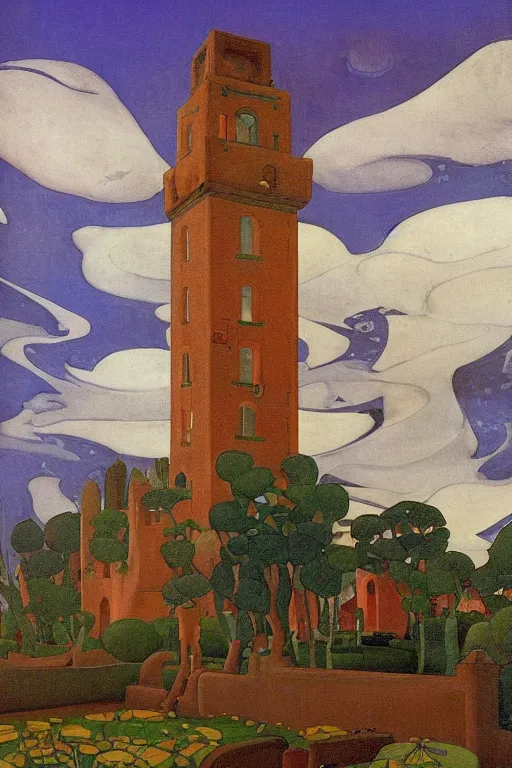 Prompt: view of the old tower and its gardens after a storm, tall windows lit up, beautiful ornamental architecture, dramatic cinematic lighting, rich colors, by Nicholas Roerich and and Caspar David Friedrich and ford madox brown and April Gornik and ((Diego Rivera)), featured on artstation