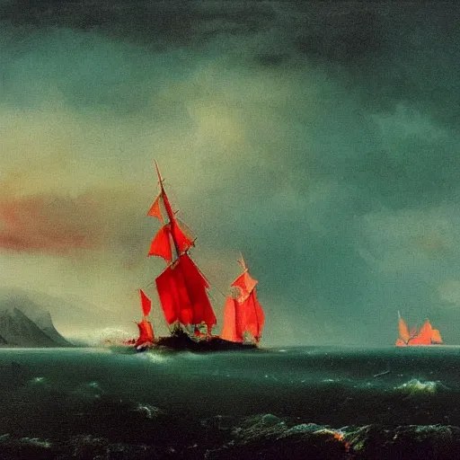 Image similar to minimalist symmetrical red clouds and green ocean in iceland fjord with tall futuristic zaha hadid sailboat painting by ivan aivazovsky