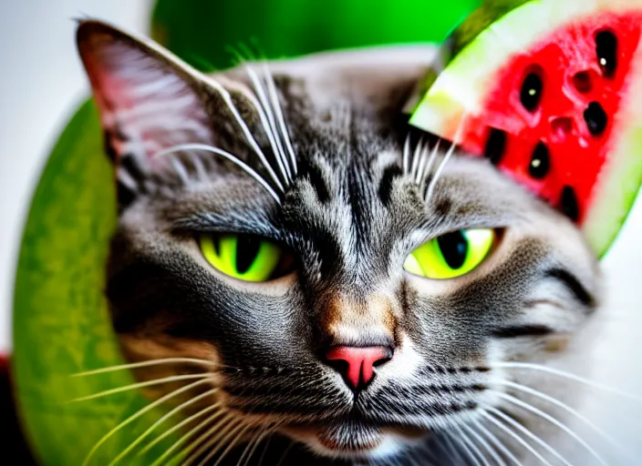 Image similar to photo of a cat wearing a helmet made of a watermelon. fantasy horror style. highly detailed 8 k. intricate. lifelike. soft light. nikon d 8 5 0 5 5 mm. dof. cinematic post - processing.