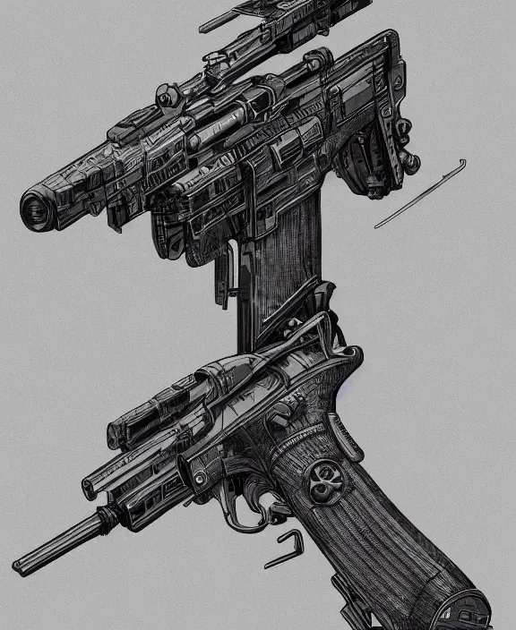 Image similar to a detailed manga style illustration of a submachine gun in 2 0 5 0, by moebius and stephan martiniere, 4 k resolution, detailed, unreal engine, octane render, trending on artstation