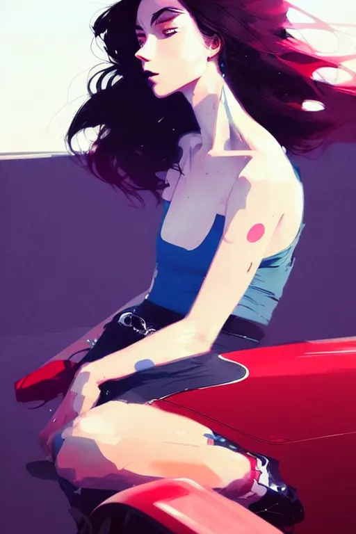 Image similar to a ultradetailed beautiful portrait panting of a stylish woman sitting on a car, by conrad roset, greg rutkowski and makoto shinkai, trending on artstation