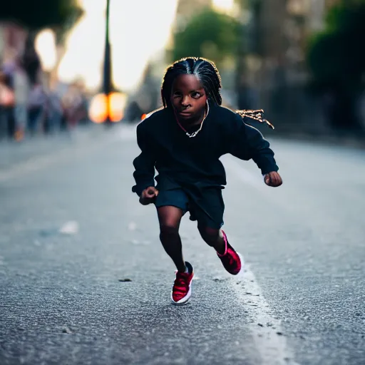 Prompt: portrait of midget a $ ap rocky running down a sidewalk, sharp focus, 4 k professional photograph, soft lighting