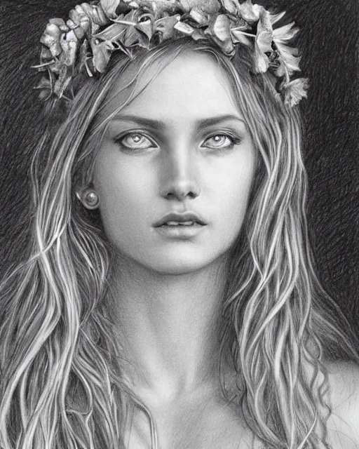 Image similar to pencil drawing of a beautiful greek goddess aphrodite wearing a laurel wreath and arrowhead earrings, beautiful confident and piercing eyes, beautiful flowing hair, hyper realistic face, in the style of greg rutkowski, fantasy, amazing detail, epic, elegant, smooth, sharp focus, from the front