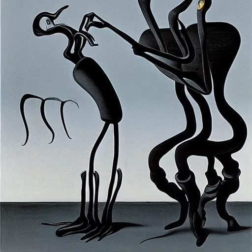 Image similar to Two extremely tall mechanical beings in a deep conversation. Dali. Yves Tanguy.