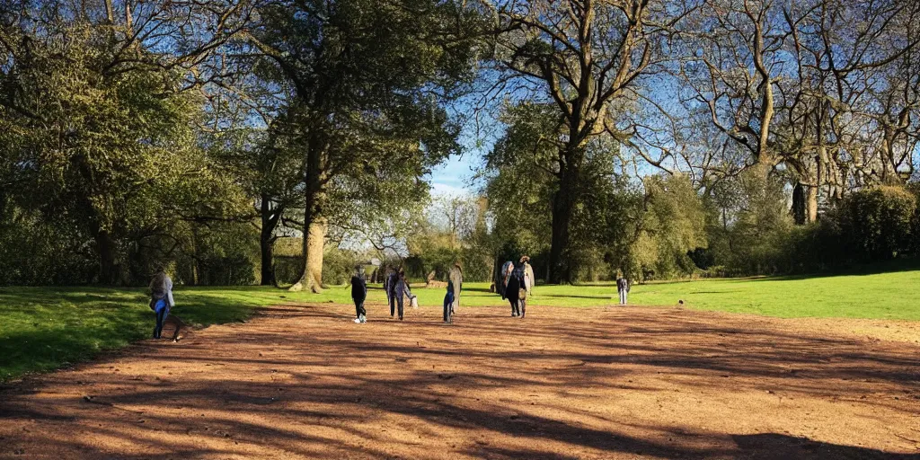 Prompt: Parched ground on Hampstead Heath, people walking with aunt, cracks, blue sky, photorealistic