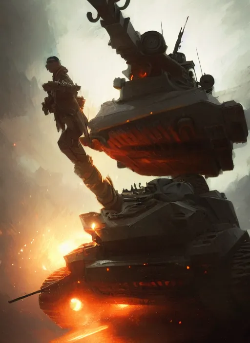 Image similar to a filipino fighter holding a scepter standing next to a tank, fantasy, digital painting, volumetric light, intricate, sharp, focus, bloom, illustration, highly detailed, concept art, matte, ruan jia and greg rutkowski, masterpiece