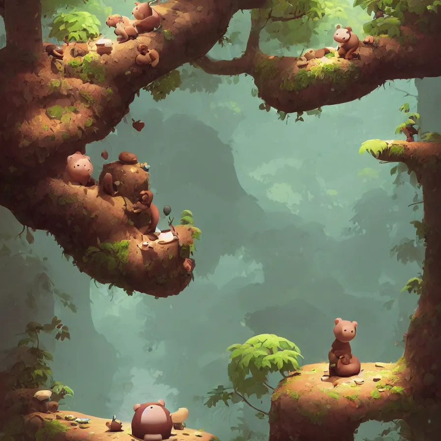 Image similar to A river, a baby bear on top of a trunk, jungle, art by Goro Fujita, ilustration, concept art, sharp focus, ArtStation, Deviantart